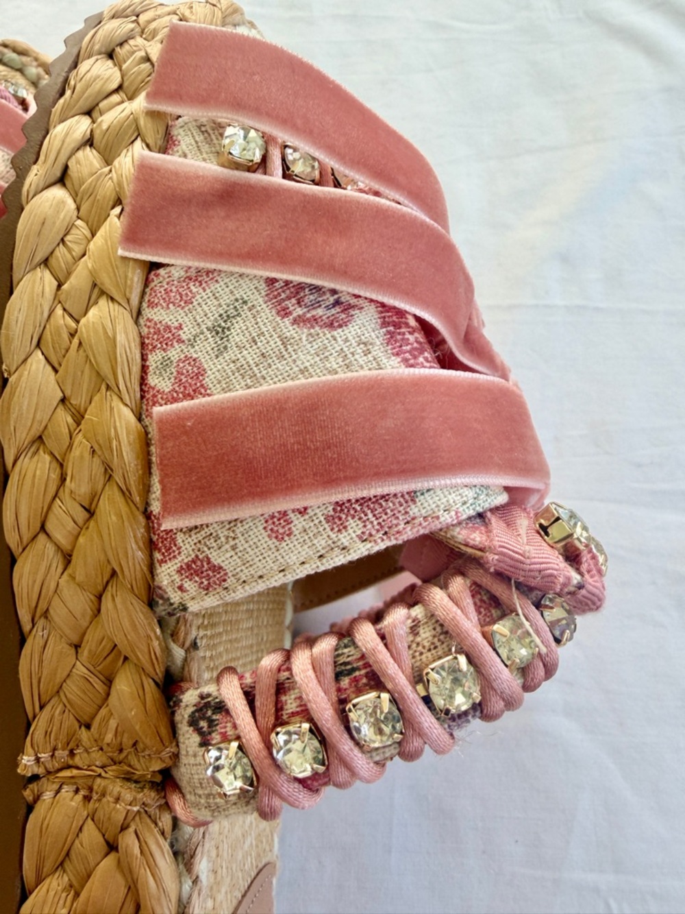 Sam Edelman Wyatt Sz 8 Pink Mixed media ribbon &  Rhinestone Sandals NEW - Picture 11 of 16
